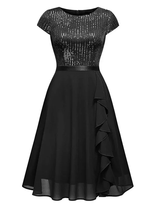 1940s Sequin Chiffon Ruffle Trim Swing Dress