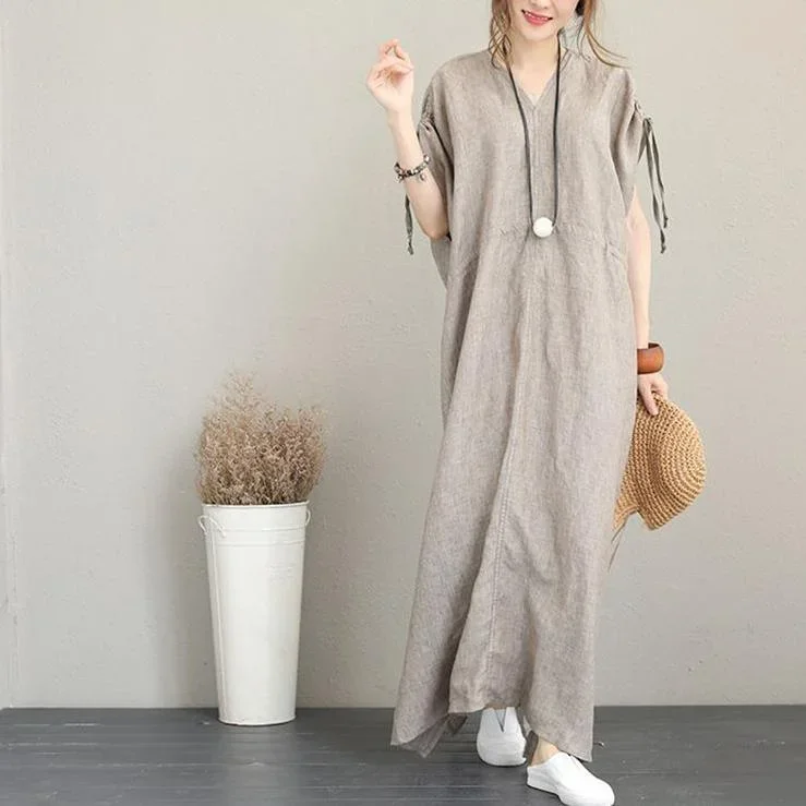 2022 Gray Natural Linen Dress Plus Size Clothing V-Neck Tie Waist Caftans Vintage Short Sleeve Side Open Maxi Dresses