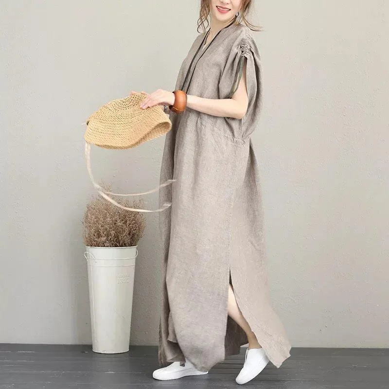 2018-gray-natural-linen-dress-plus-size-clothing-v-neck-tie-waist-caftans-vintage-short-sleeve-side-open-maxi-dresses