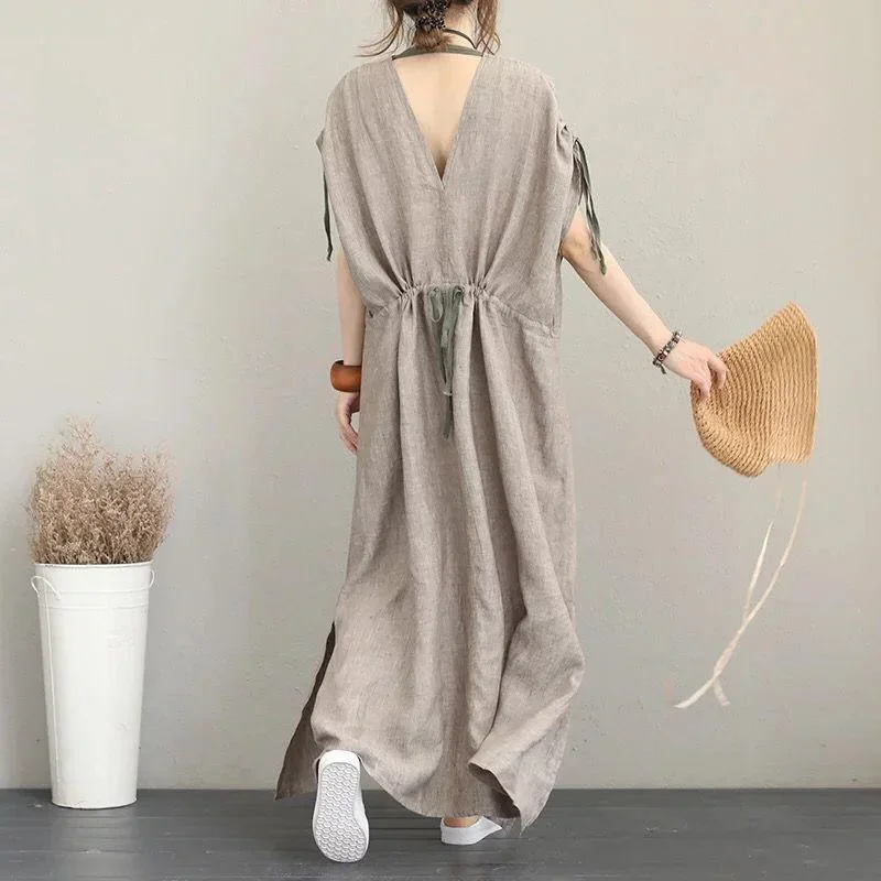 2018-gray-natural-linen-dress-plus-size-clothing-v-neck-tie-waist-caftans-vintage-short-sleeve-side-open-maxi-dresses