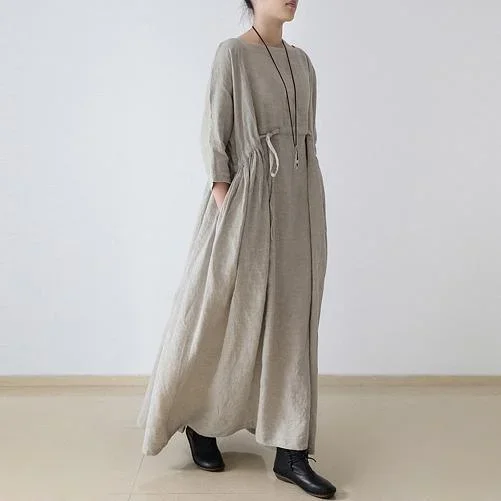 2022 autumn plus size linen dresses asymmetric bracelet sleeved drawstring maxi dress ( Limited Stock)