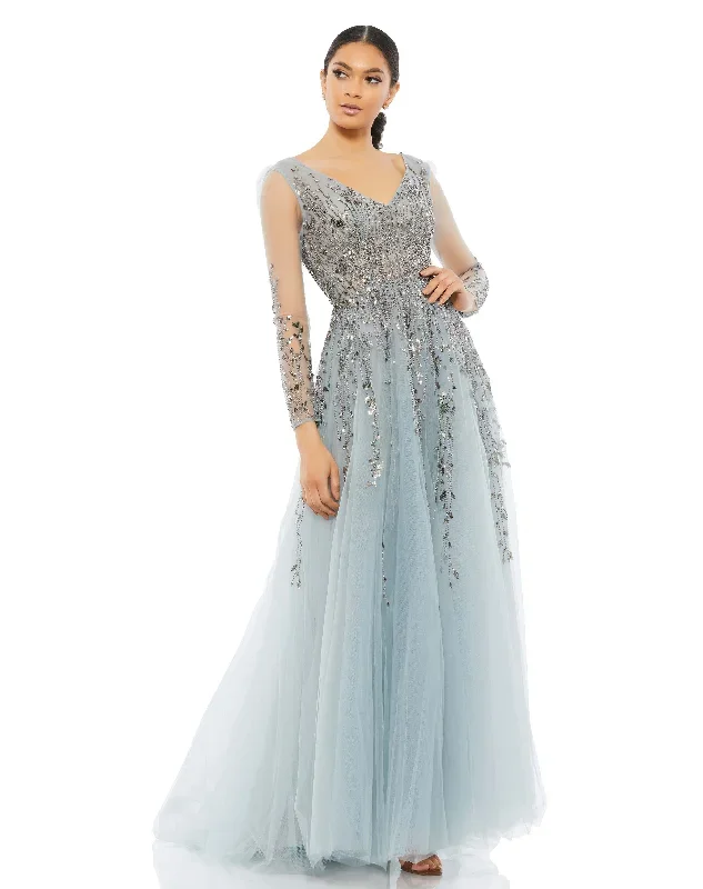 Embellished V Neck Long Sleeve A Line Gown