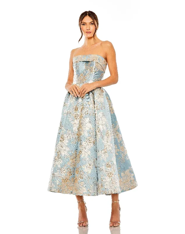 Strapless Brocade Midi Dress with Pockets