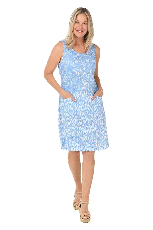 Blue Cotton Flower Pocketed Sleeveless Crinkle Dress