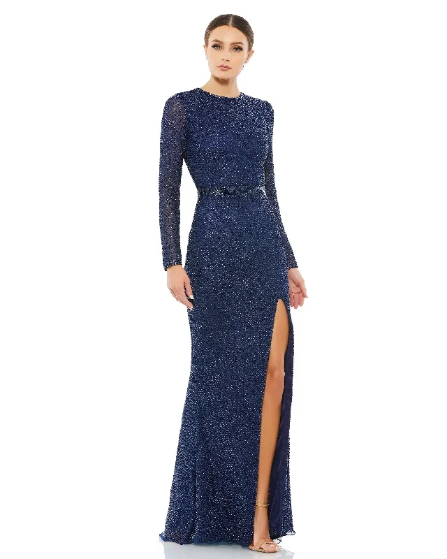 Beaded High Neck Long Sleeve Gown With Detailed Belt