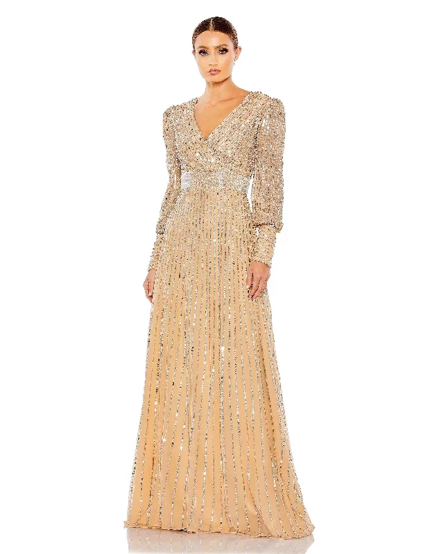 Sequined Wrap Over Bishop Sleeve Gown - FINAL SALE