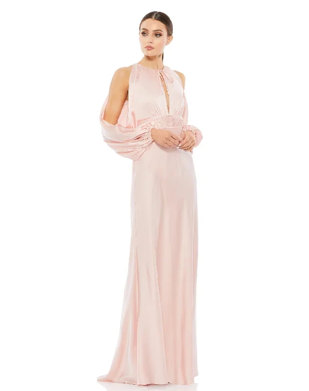 Tied Keyhole Cold Shoulder Bishop Sleeve Gown