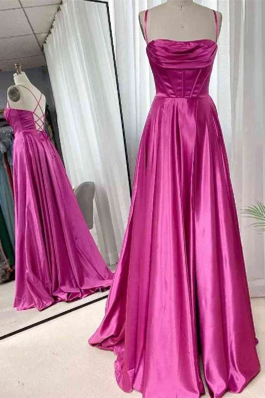 A-Line Long Spaghetti Straps Fuchsia Ruched Prom Dress