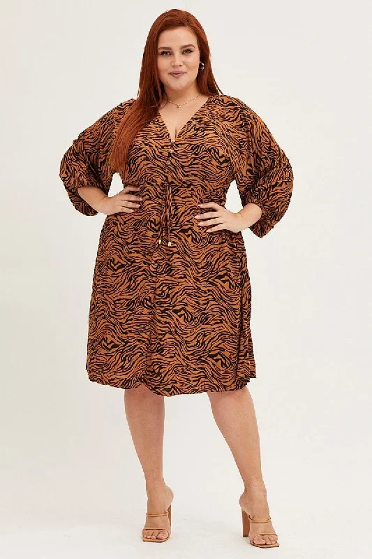 Animal Print V Neck 3/4 Sleeve Rayon Dress