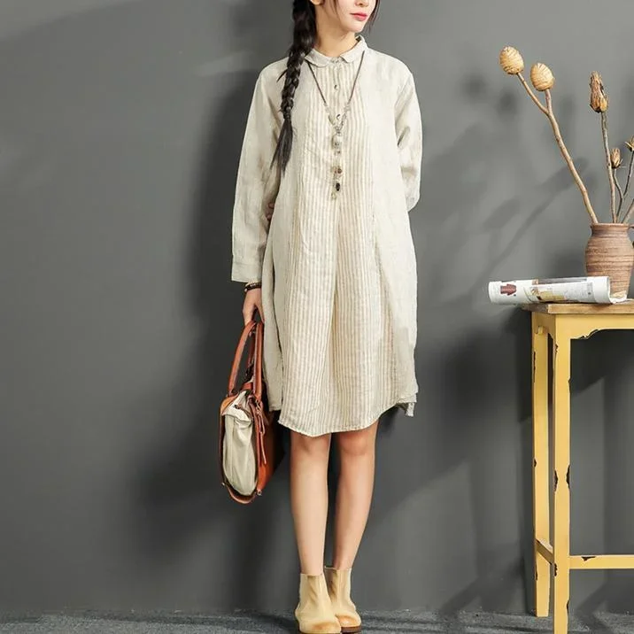 Beige Linen Sundress Oversize Casual Women Dress Striped Patchwork Shirt Dress ( Limited Stock)