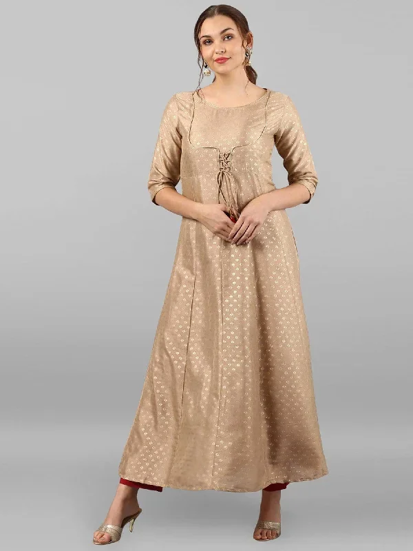 Beige Poly Silk Foil Print Anarkali Kurta