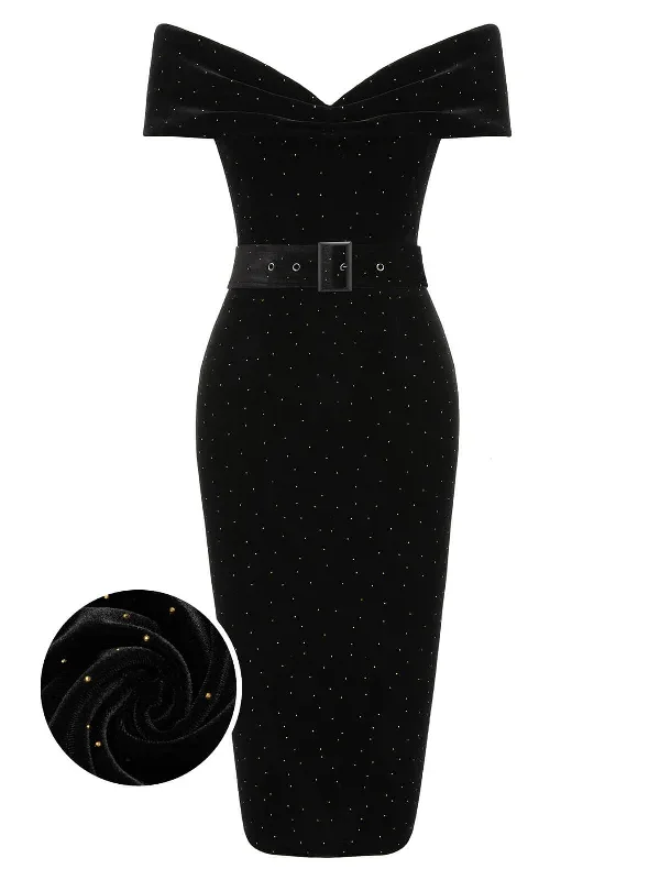 Black 1960s Off-Shoulder Rhinestones Velvet Dress