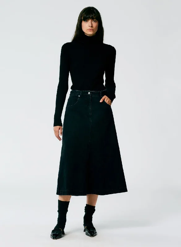 Black Denim Midi A-Line Skirt