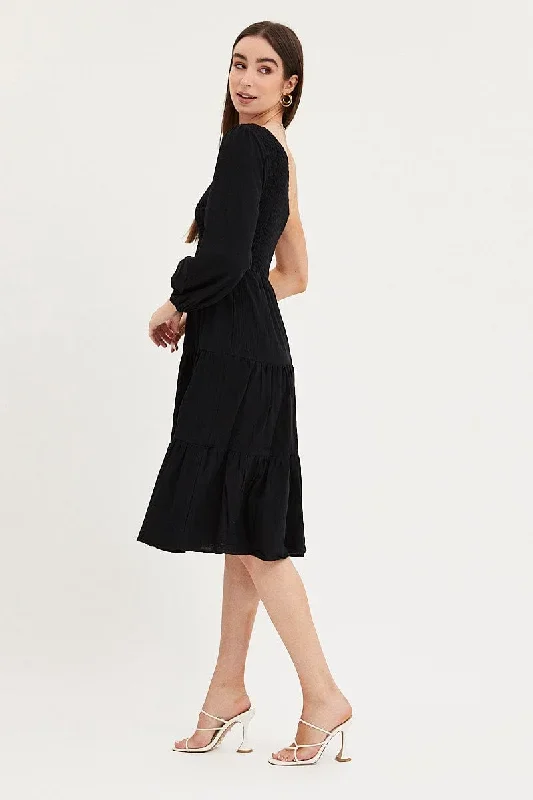 Black Dress One Shoulder Midi