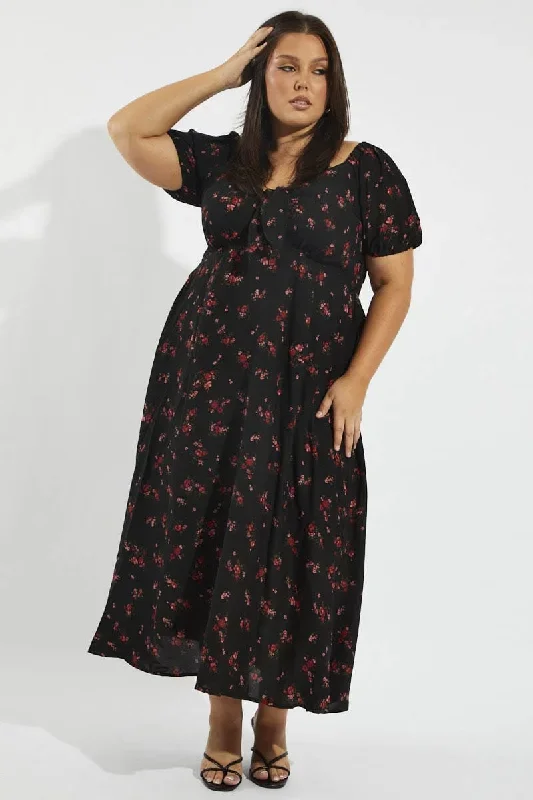 Black Floral Puff Sleeve Midi Dress Tie Front