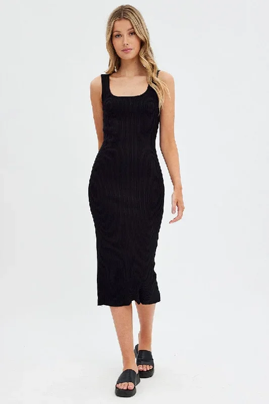 Black Knit Midi Dress Sleeveless Scoop Neck Bodycon Rib