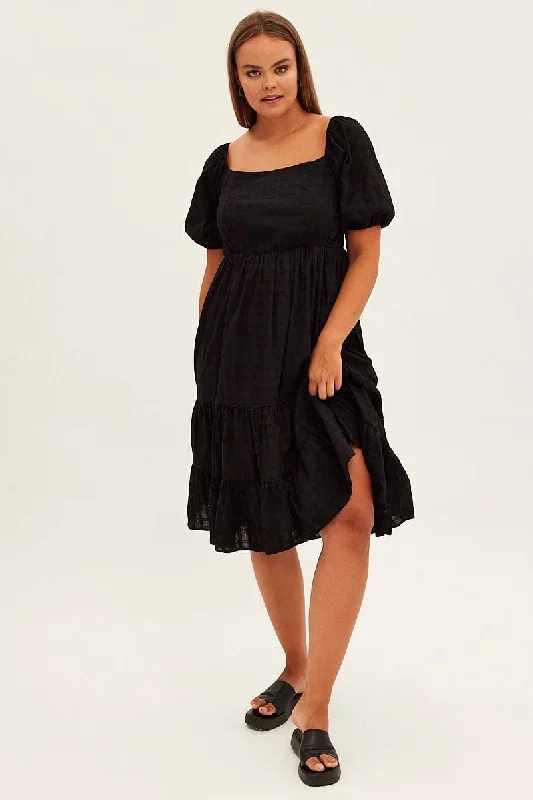 Black Midi Dress Puff Sleeve Sweetheart Neck Textured