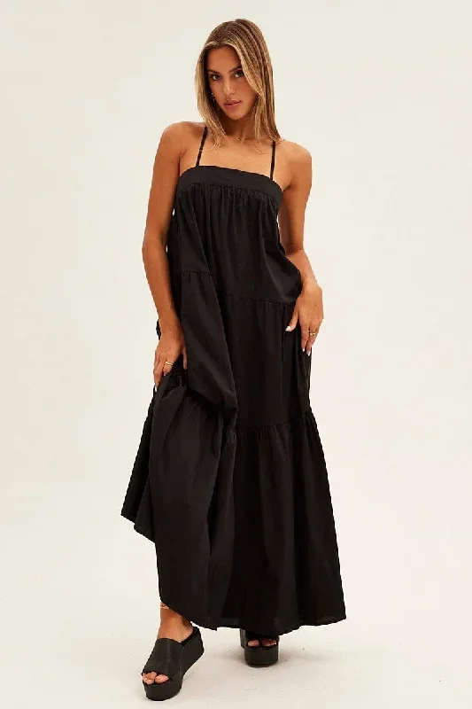 Black Midi Dress Sleeveless Square Neck Poplin