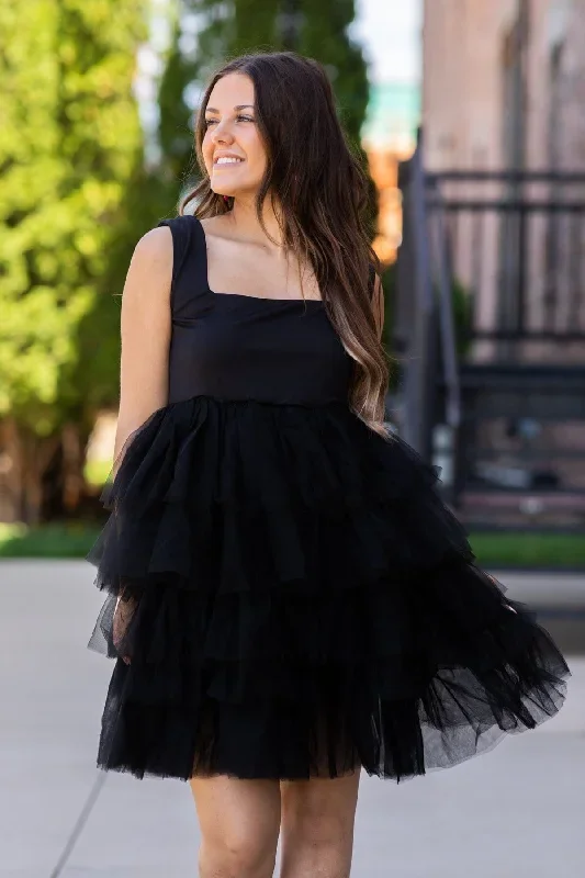 Black Square Neck Tulle Skirt Dress