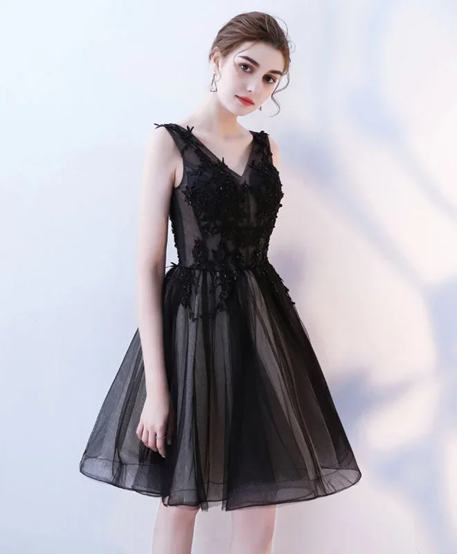 black-v-neck-tulle-lace-short-prom-dress-homecoming-dress