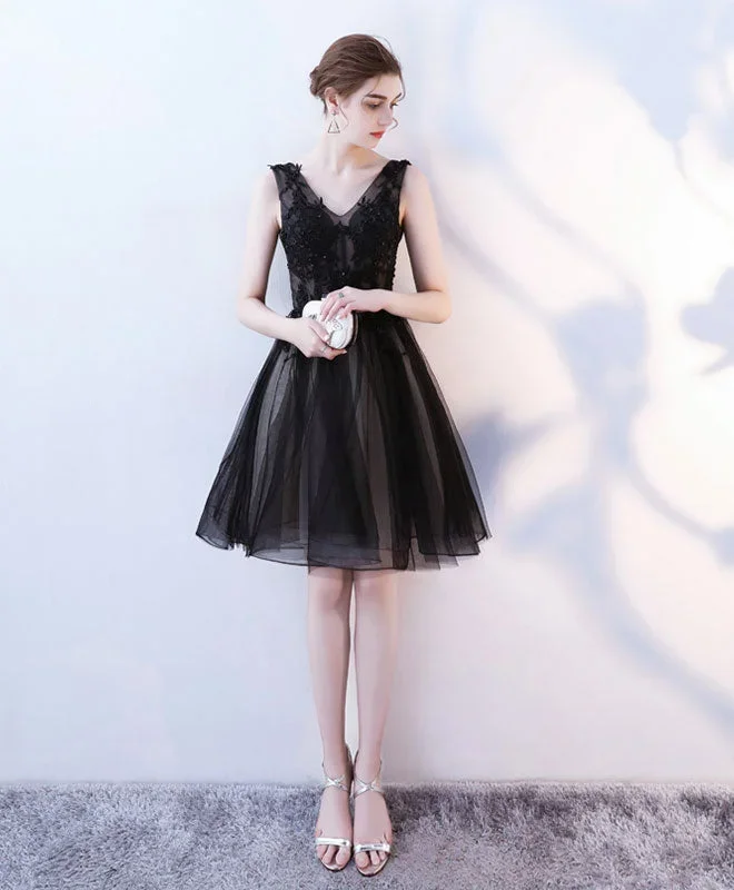 black-v-neck-tulle-lace-short-prom-dress-homecoming-dress