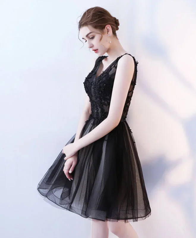 black-v-neck-tulle-lace-short-prom-dress-homecoming-dress