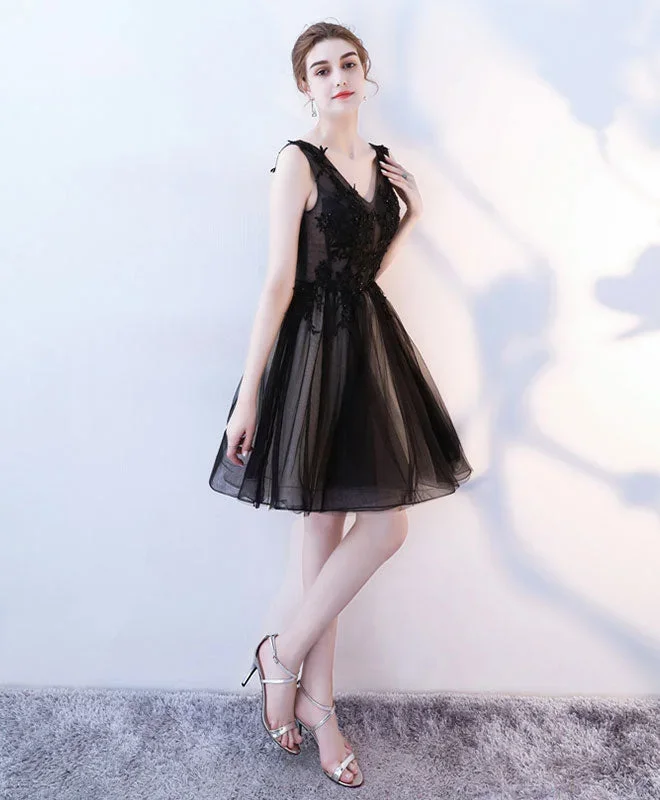 black-v-neck-tulle-lace-short-prom-dress-homecoming-dress