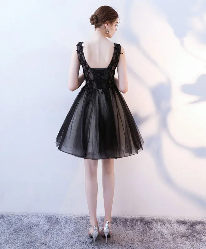 black-v-neck-tulle-lace-short-prom-dress-homecoming-dress