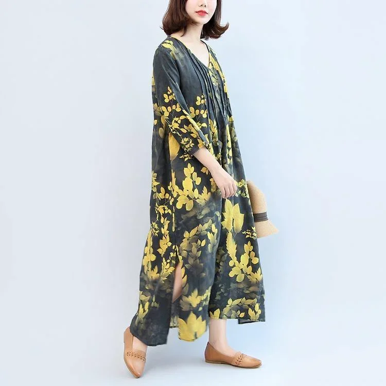 Black Yellow Print Linen Dresses Plus Size V Neck Sundress Long Sleeve Maxi Dress