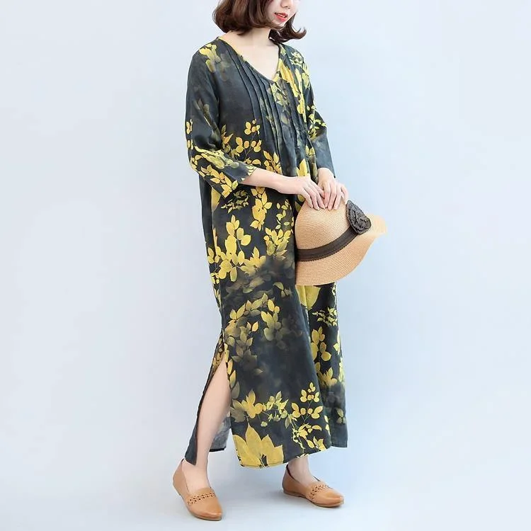 black-yellow-print-linen-dresses-plus-size-v-neck-sundress-long-sleeve-maxi-dress-side-open