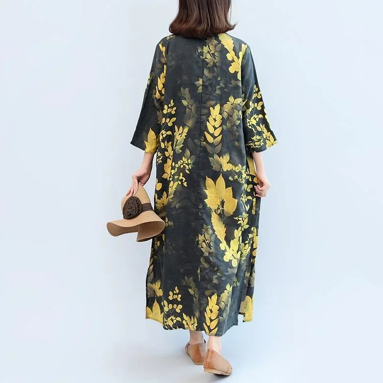 black-yellow-print-linen-dresses-plus-size-v-neck-sundress-long-sleeve-maxi-dress-side-open