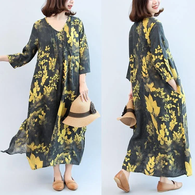 black-yellow-print-linen-dresses-plus-size-v-neck-sundress-long-sleeve-maxi-dress-side-open