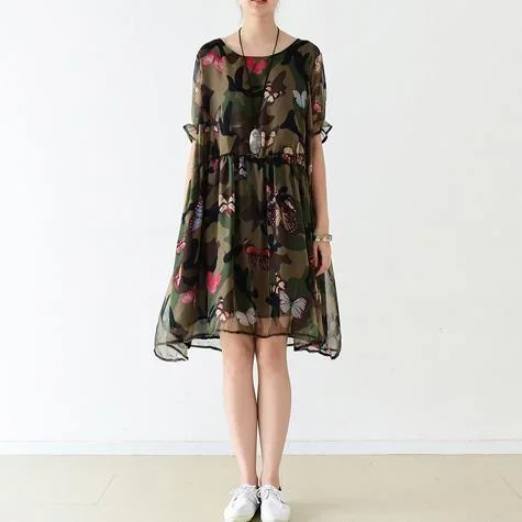 blackish green prints chiffon dresses slim summer mid-dress short sleeve sundress