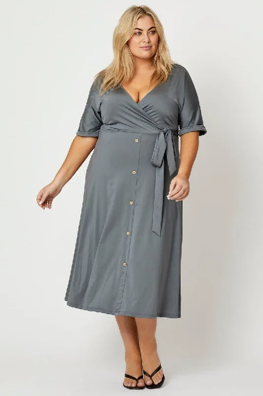 Blue Midi Dress V-Neck Short Sleeve Waist Tie