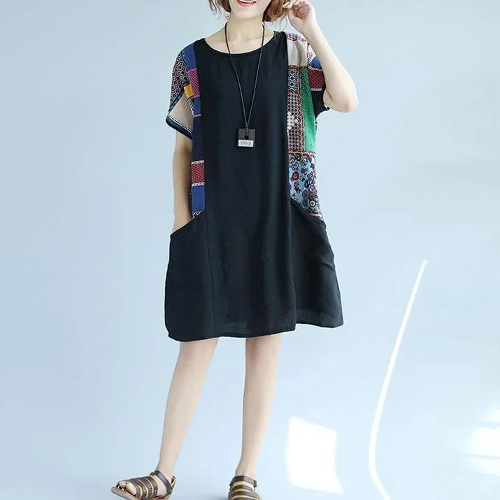 boutique-black-cotton-shift-dress-trendy-plus-size-casual-dress-casual-big-pockets-patchwork-knee-dresses