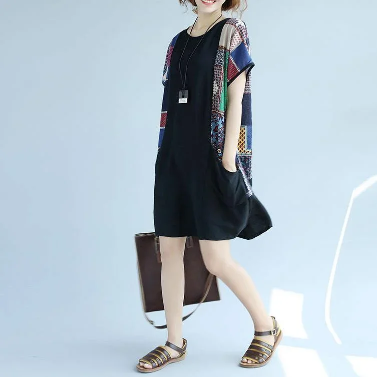 boutique-black-cotton-shift-dress-trendy-plus-size-casual-dress-casual-big-pockets-patchwork-knee-dresses