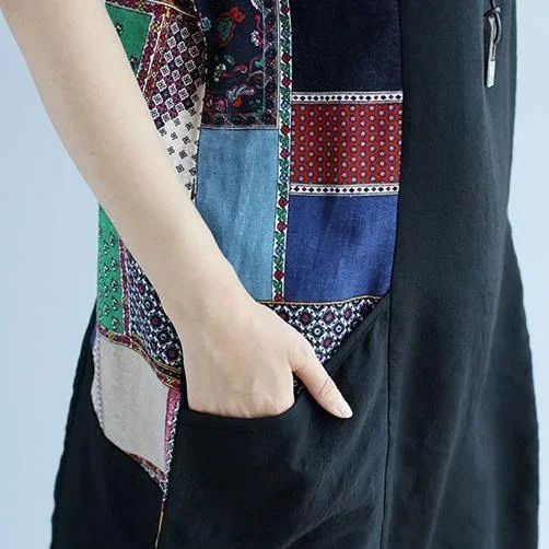 boutique-black-cotton-shift-dress-trendy-plus-size-casual-dress-casual-big-pockets-patchwork-knee-dresses