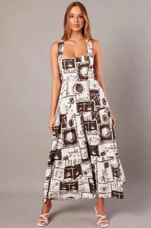 Brown Abstract Maxi Dress Square Neck Tiered