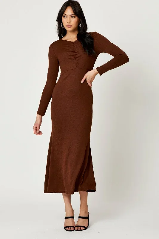 Brown Gathered Front Midi Dress