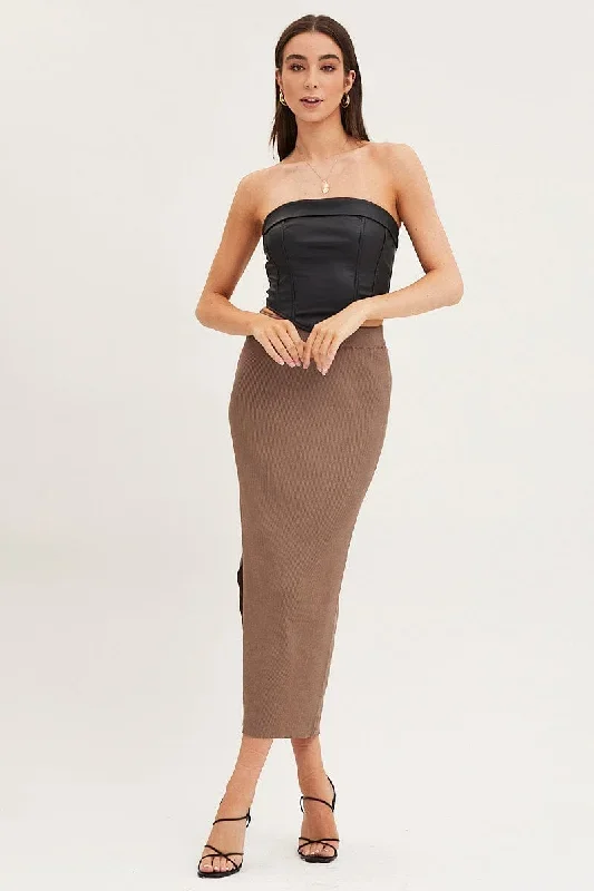 Brown Knit Skirt Midi High Rise