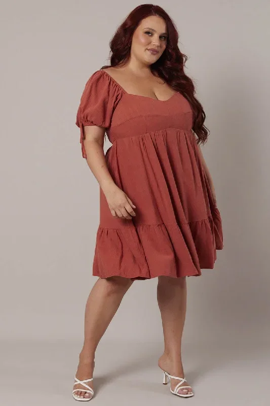 Brown Skater Dress Puff Sleeve Frill Hem