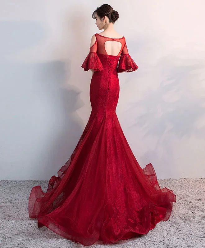 burgundy-round-neck-tulle-lace-mermaid-long-prom-dress-evening-dress