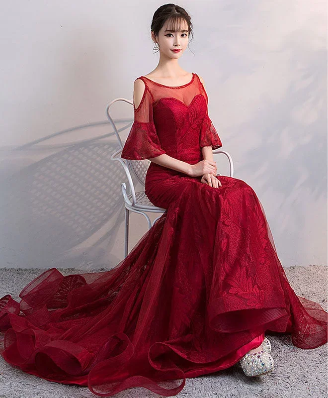 burgundy-round-neck-tulle-lace-mermaid-long-prom-dress-evening-dress