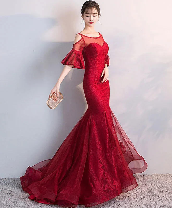 burgundy-round-neck-tulle-lace-mermaid-long-prom-dress-evening-dress