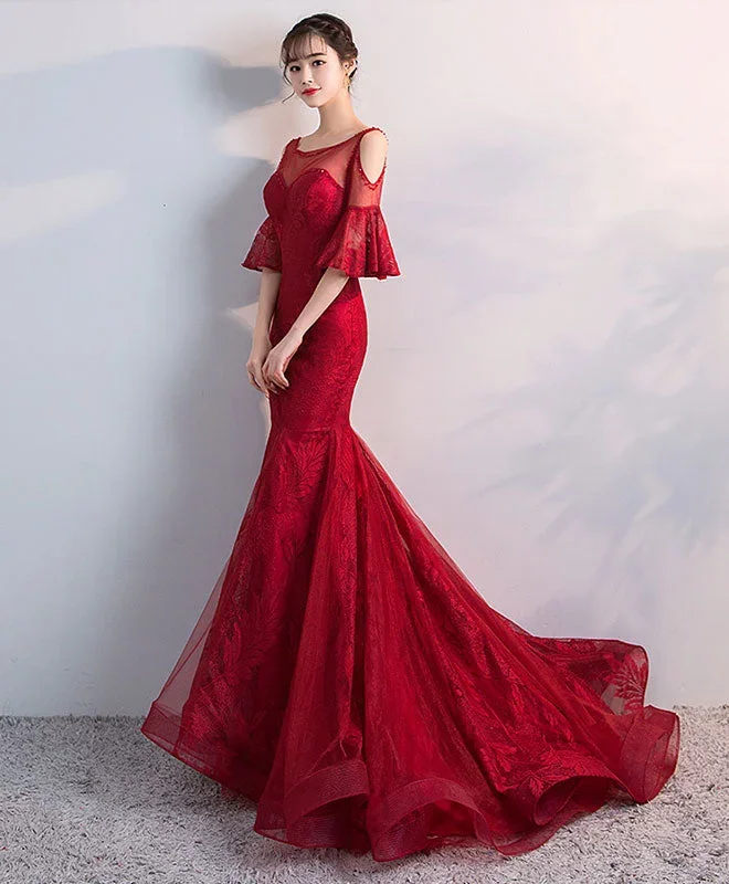 burgundy-round-neck-tulle-lace-mermaid-long-prom-dress-evening-dress