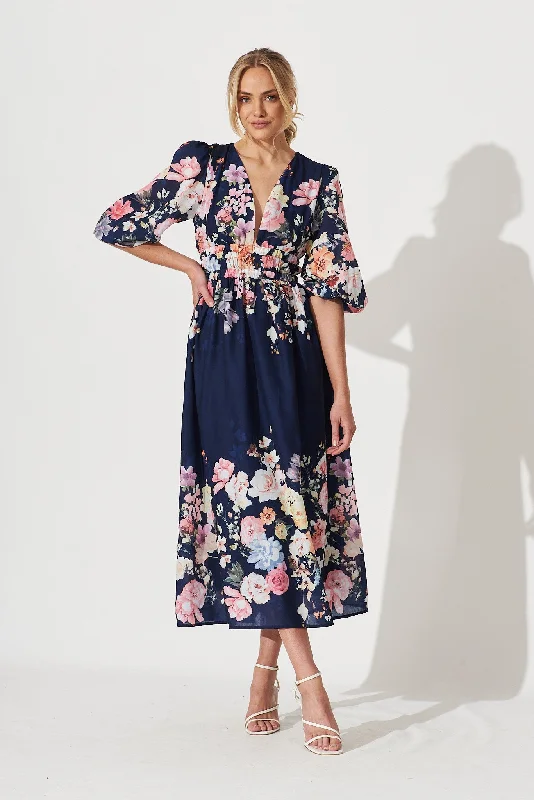 Camie Maxi Dress In Navy With Orange Floral