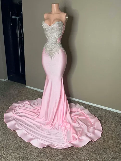 Chic Pink Strapless Sleeveless Mermaid Prom Dress with Embroidery