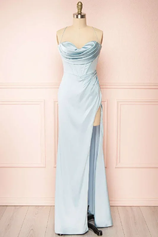 Cowl Neck Lace-Up Back Mermaid Long Prom Dress