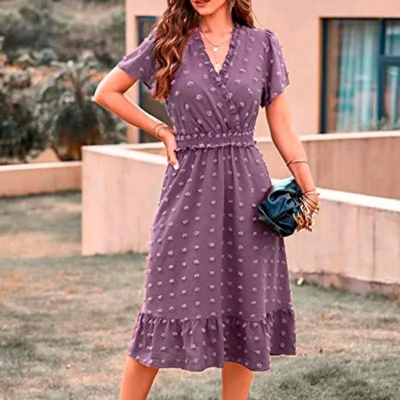 Dot Short Sleeve V Neck 2024 Summer Women's Midi Boho Dress