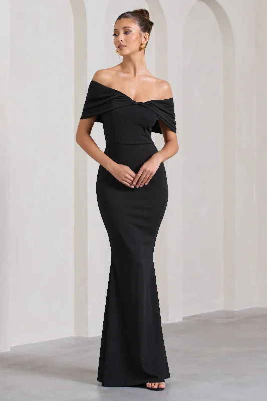 Dana | Black Bardot Maxi Dress With Short Gathered Sleeves